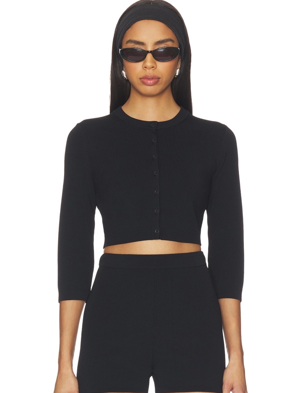 Skims Refined Knit Crop Cardigan In Obsidian — image 2 of 8